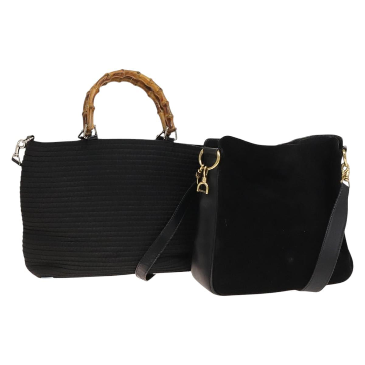GUCCI Bamboo Shoulder Bag Suede Nylon 2Set Black Auth ep10170