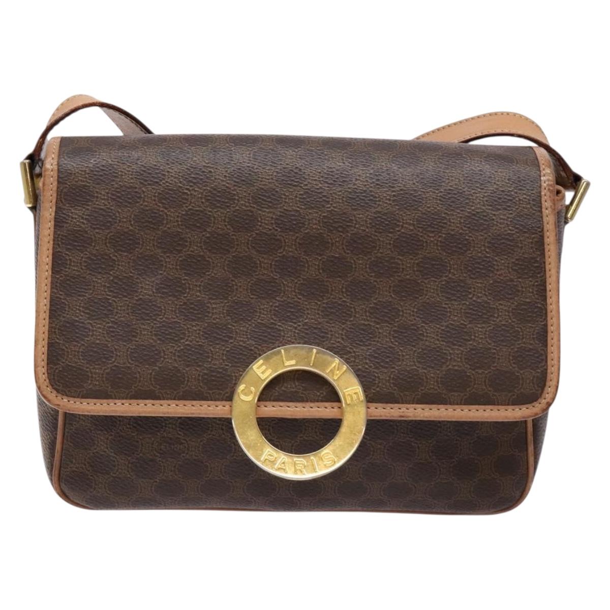 CELINE Macadam Canvas Shoulder Bag PVC Leather Brown Gold Auth ep10201