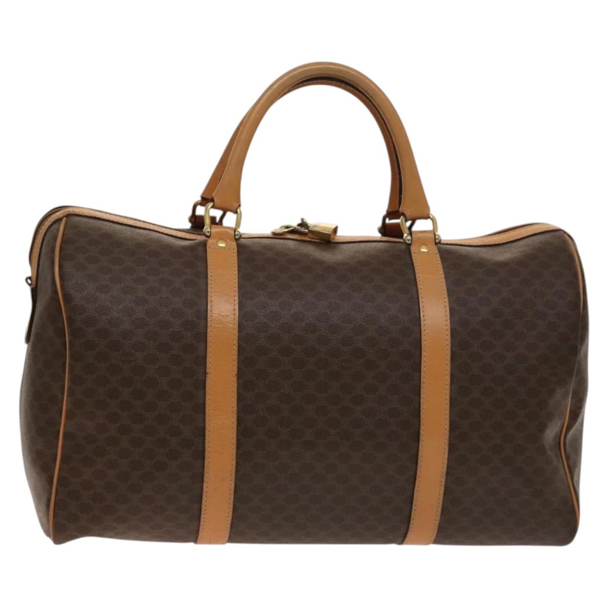 CELINE Macadam Canvas Boston Bag PVC Leather Brown Gold Auth ep10230