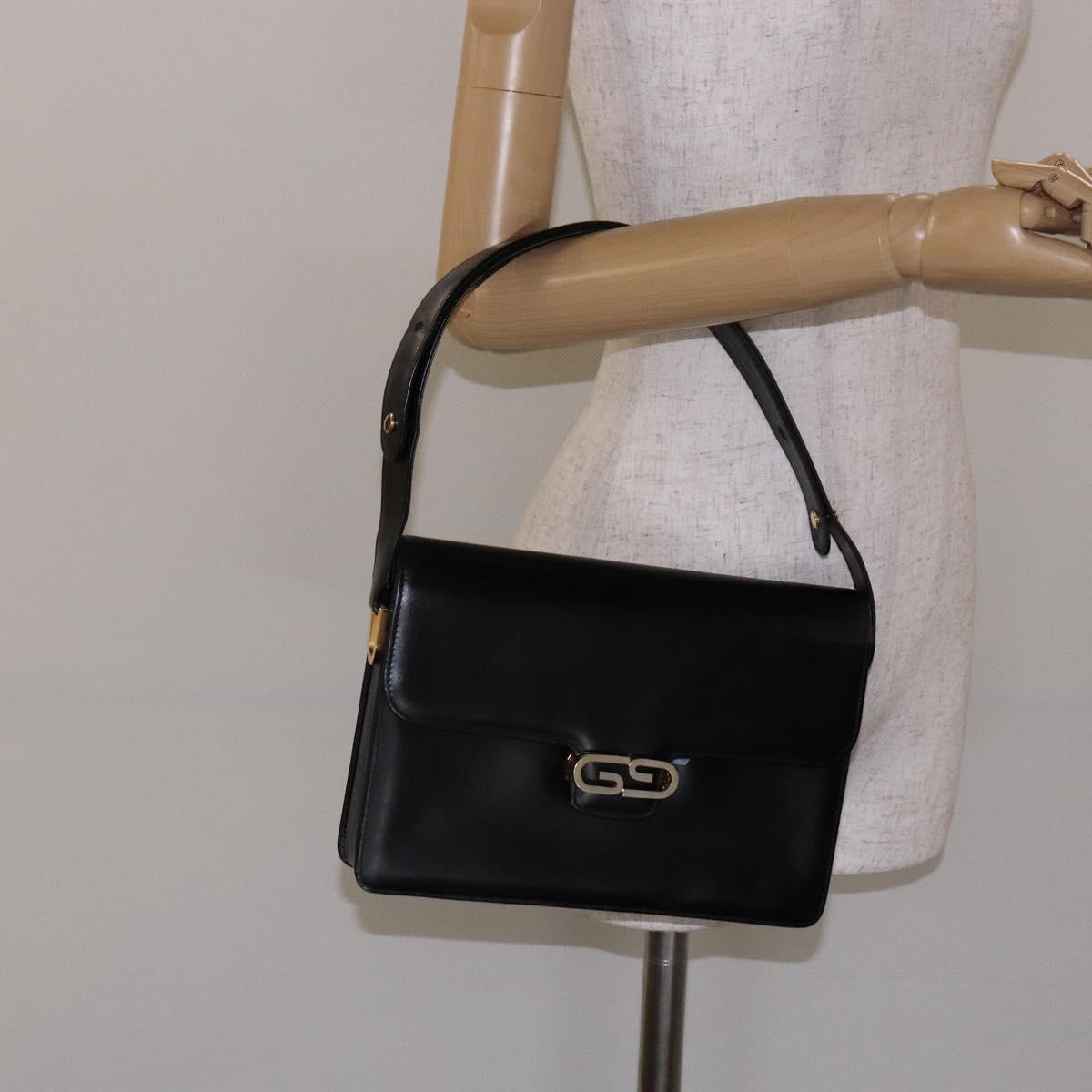 GUCCI Shoulder Bag Leather Black Gold Auth ep10326