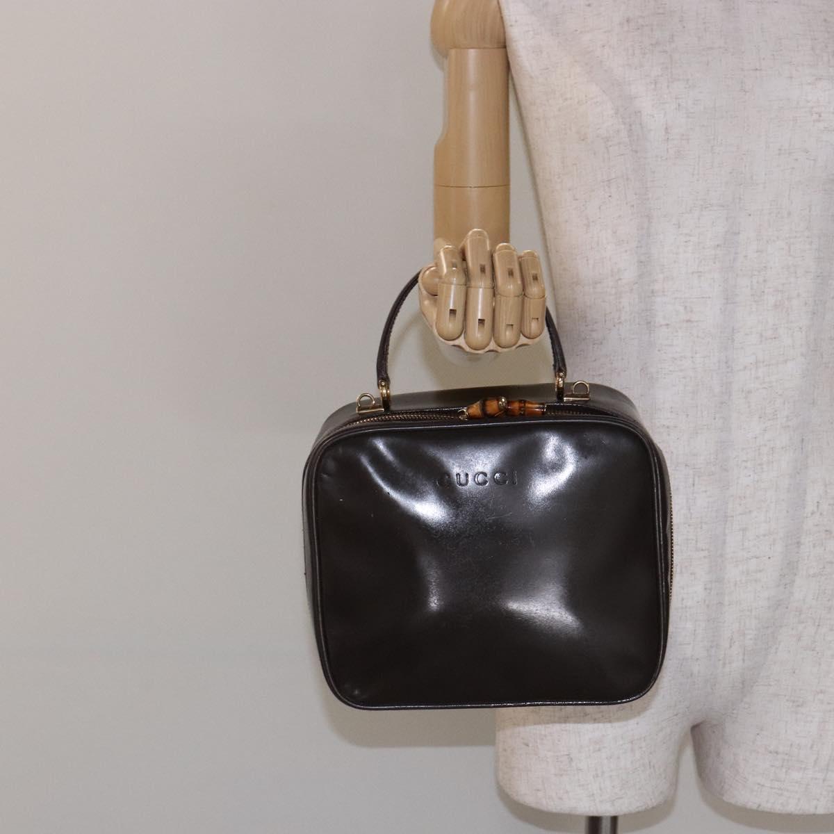 GUCCI Bamboo Vanity Hand Bag Patent leather Brown Gold Auth ep10340
