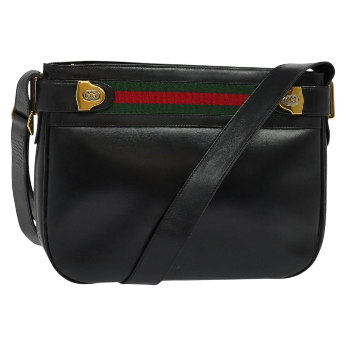 GUCCI Web Sherry Line Shoulder Bag Leather Black Gold 001 406 0552 Auth ep10387