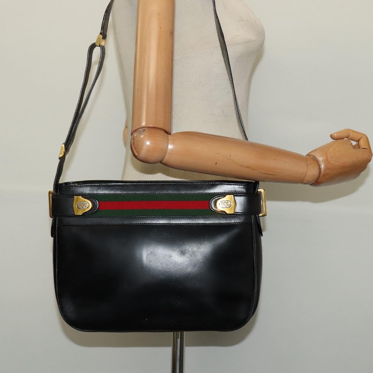 GUCCI Web Sherry Line Shoulder Bag Leather Black Gold 001 406 0552 Auth ep10387