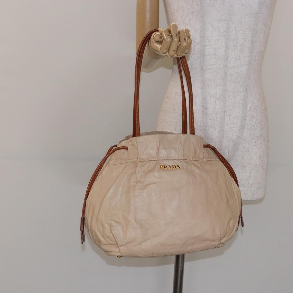 PRADA Tote Bag Leather Beige Gold Auth ep10389