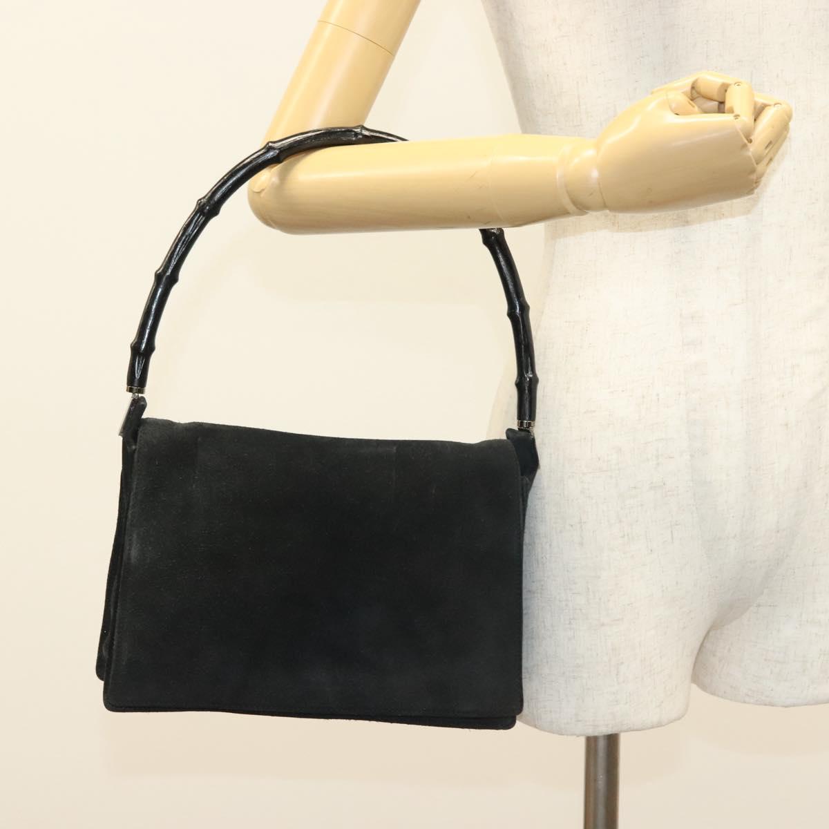 GUCCI Bamboo Tote Bag Suede Black Silver Auth ep10395