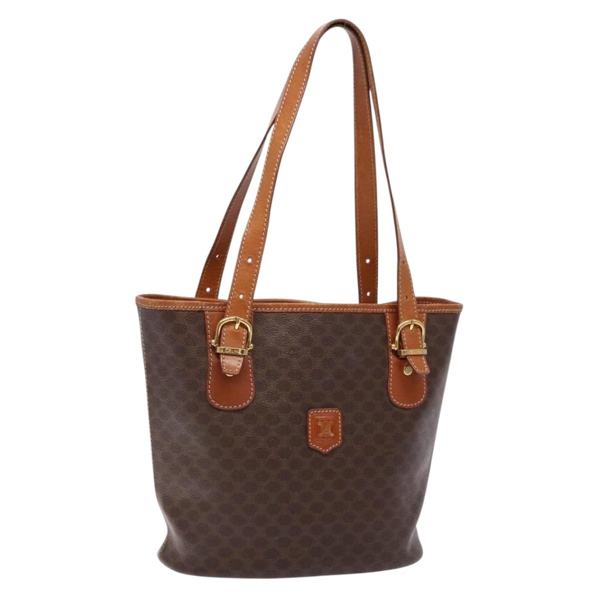 CELINE Macadam Canvas Hand Bag PVC Leather Brown Gold Auth ep10409