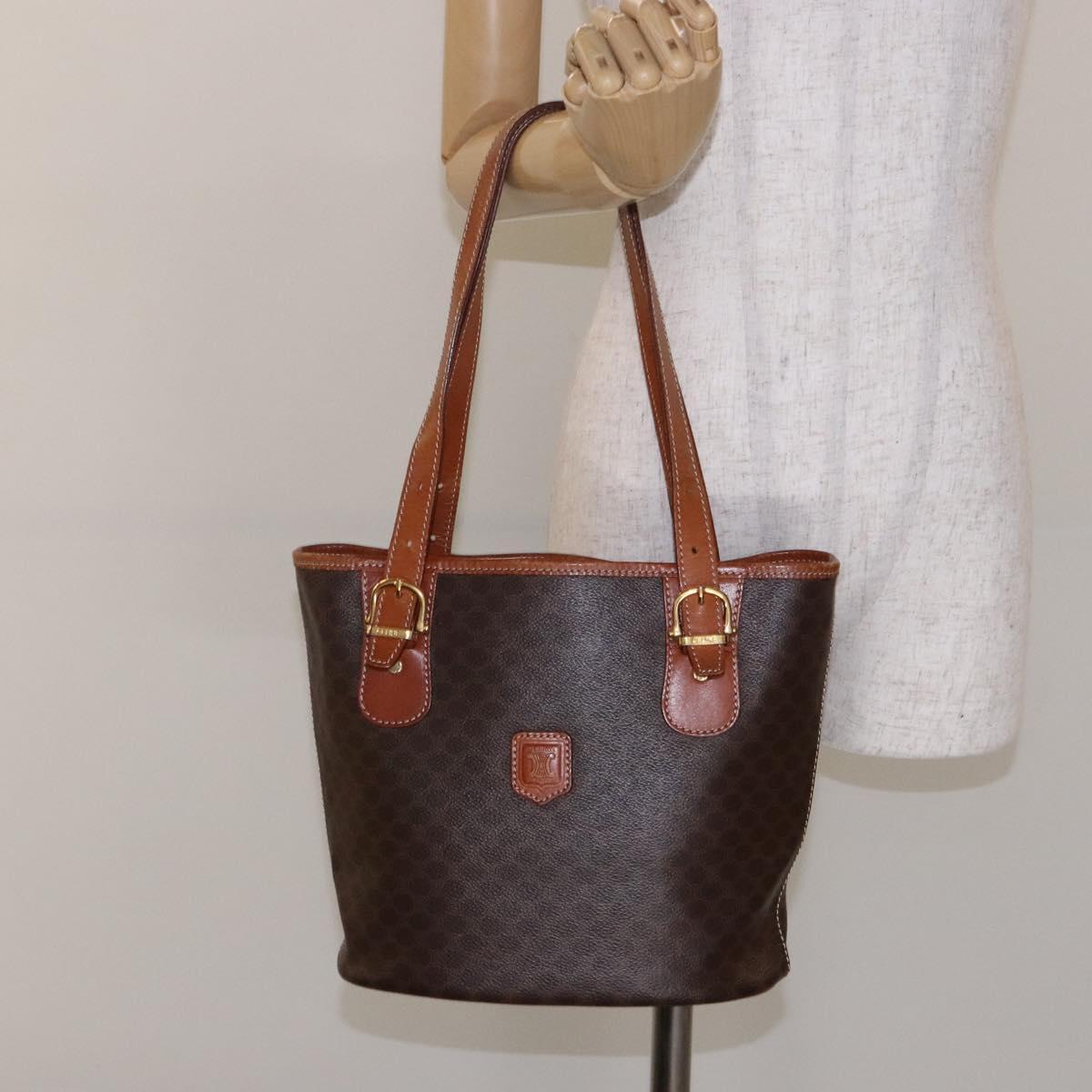 CELINE Macadam Canvas Hand Bag PVC Leather Brown Gold Auth ep10409