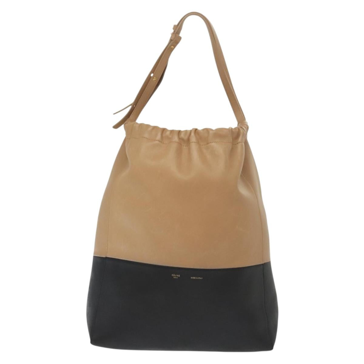 CELINE Hand Bag Leather Beige Gold Auth ep10443