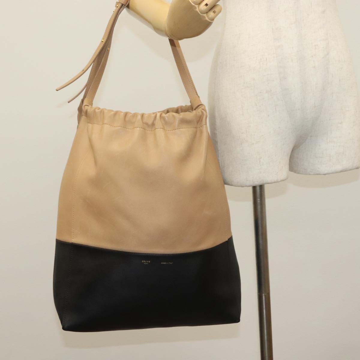 CELINE Hand Bag Leather Beige Gold Auth ep10443
