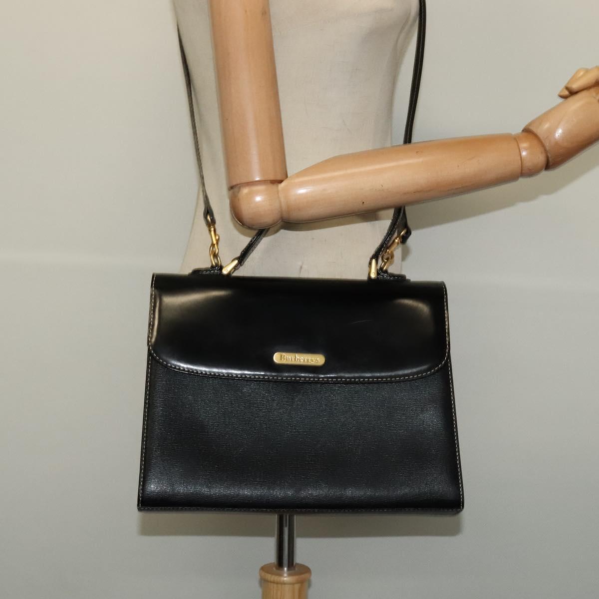 Burberrys Hand Bag Leather 2way Black Gold Auth ep10449