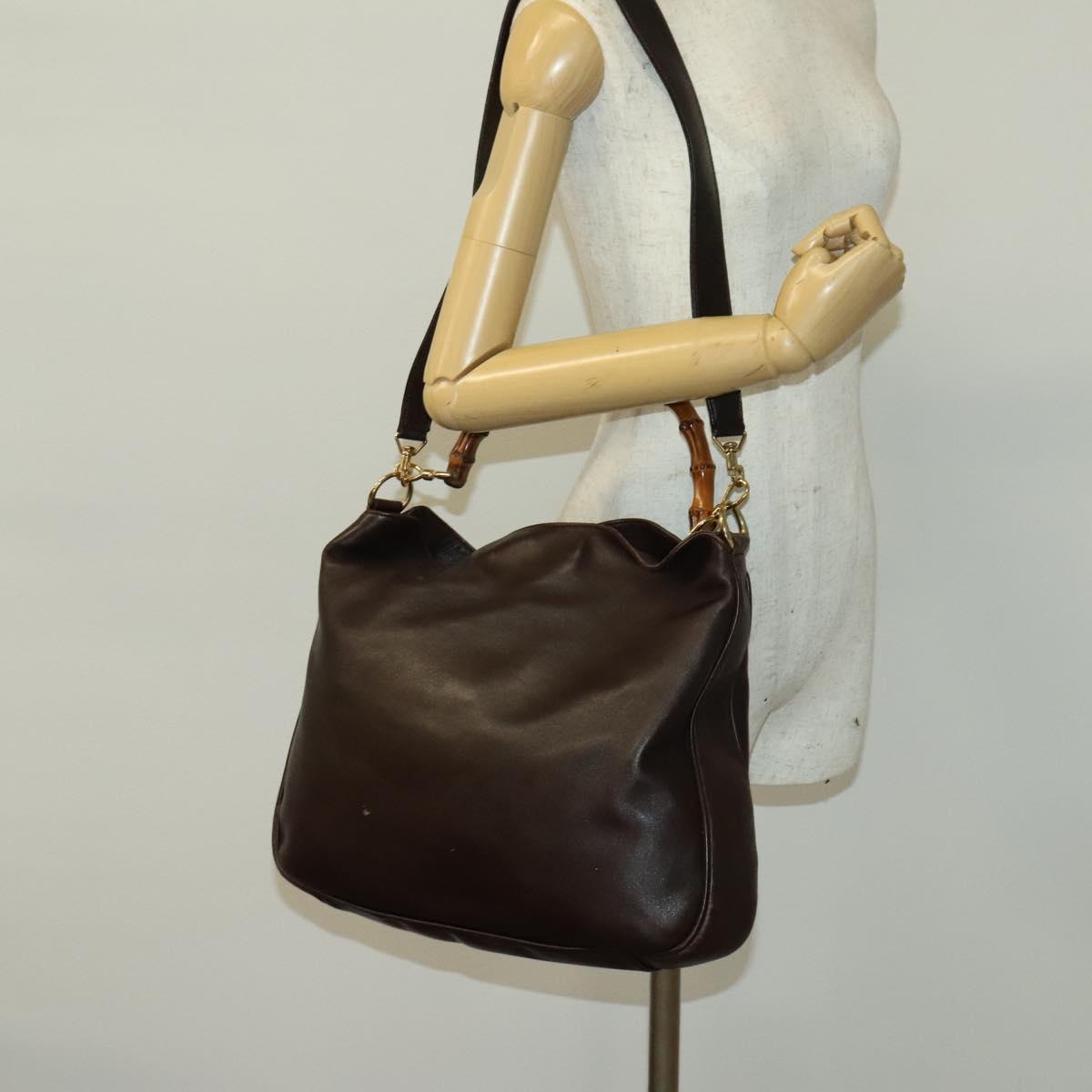 GUCCI Bamboo Hand Bag Leather 2way Brown Gold Auth ep10532
