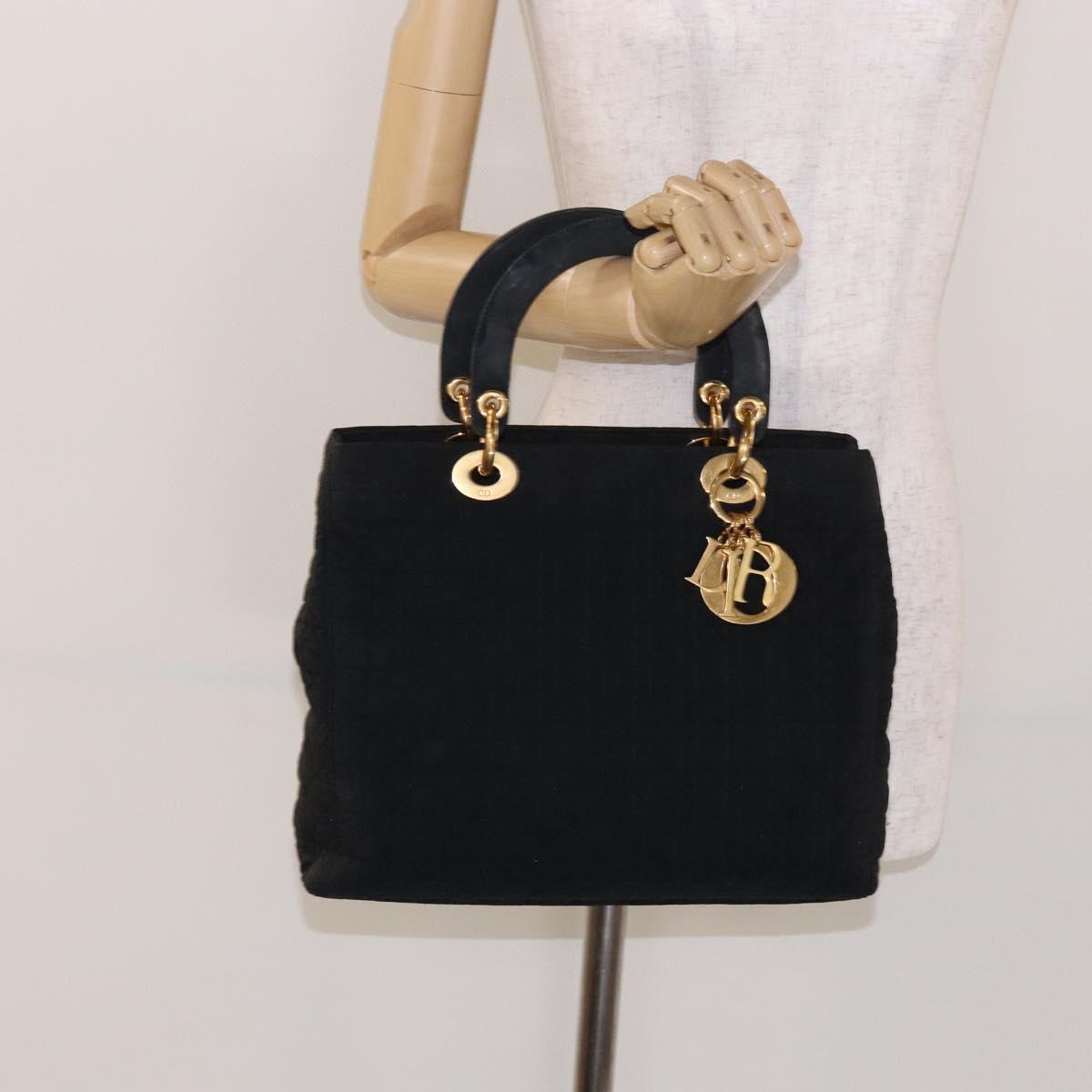 Christian Dior Lady Dior Canage Hand Bag Nylon Black Gold Auth ep10577
