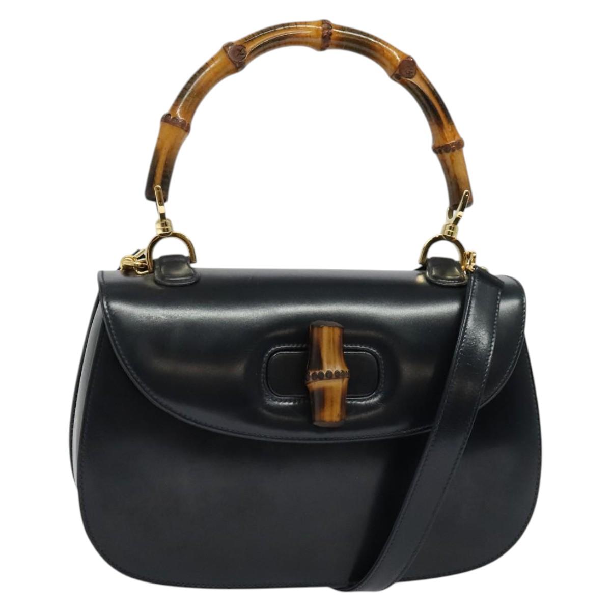 GUCCI Bamboo Hand Bag Leather 2way Navy Gold 000 01 0633 Auth ep10614