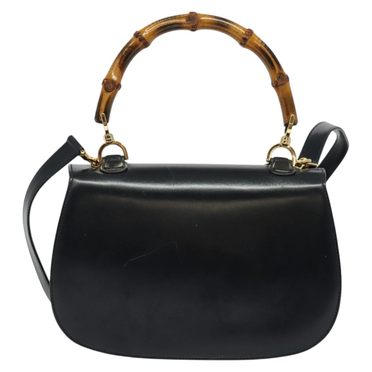 GUCCI Bamboo Hand Bag Leather 2way Navy Gold 000 01 0633 Auth ep10614