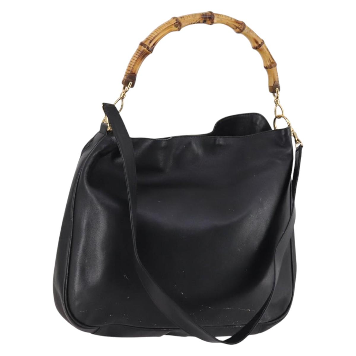 GUCCI Bamboo Hand Bag Leather 2way Black Gold 001 1998 1577 Auth ep10628