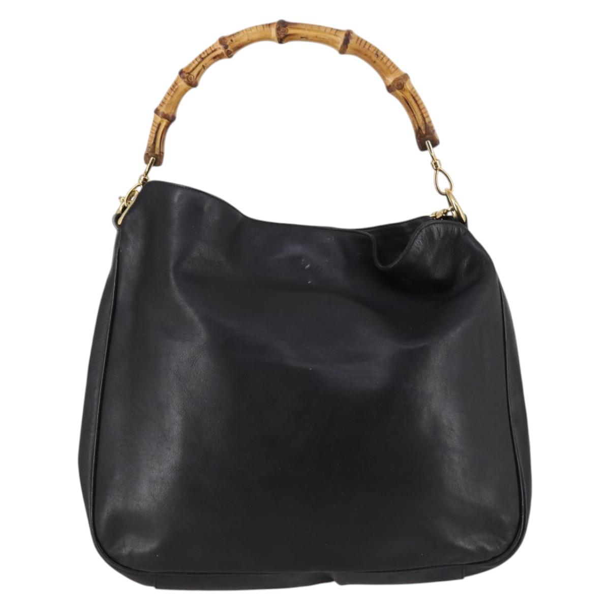 GUCCI Bamboo Hand Bag Leather 2way Black Gold 001 1998 1577 Auth ep10628