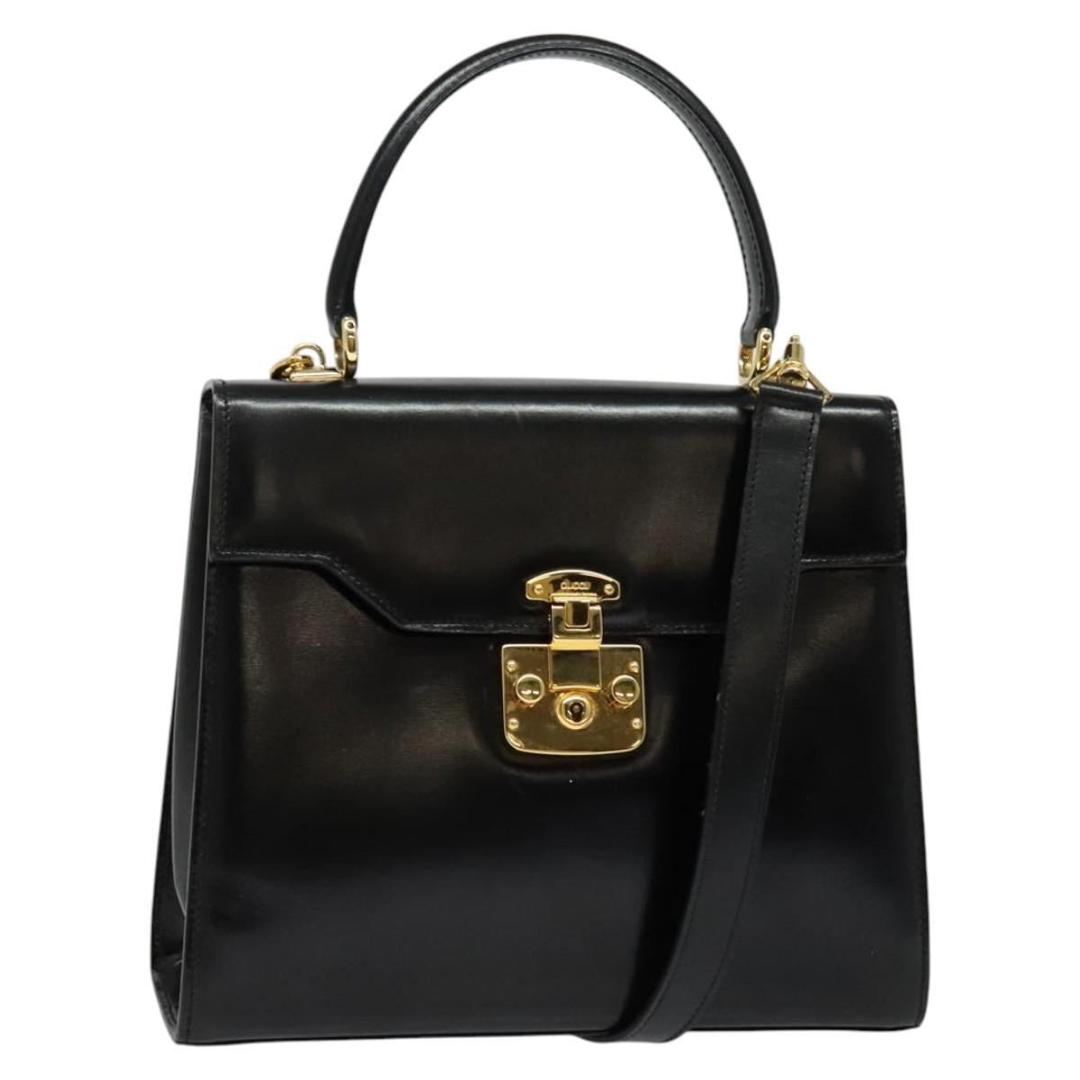 GUCCI Ready lock Hand Bag Leather 2way Black Gold Auth ep10637