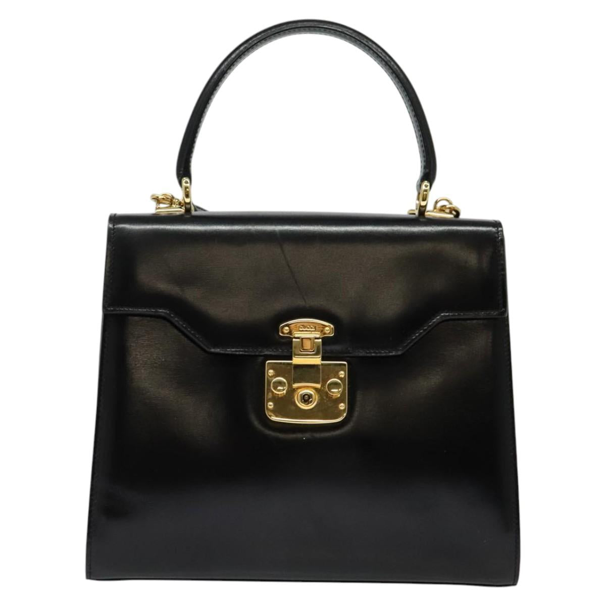 GUCCI Ready lock Hand Bag Leather 2way Black Gold Auth ep10637