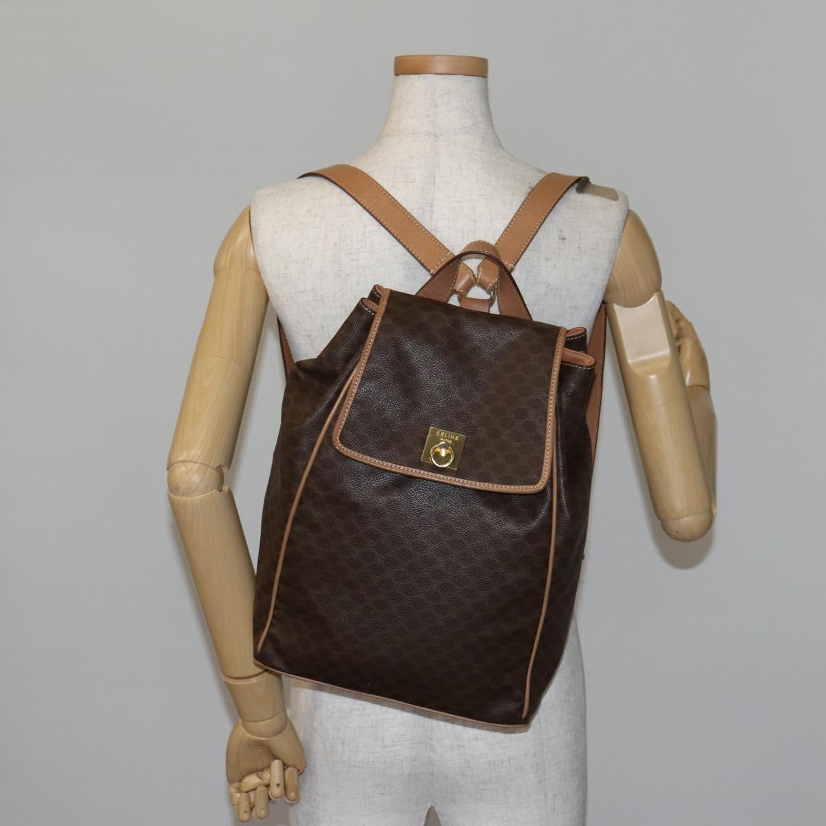 CELINE Macadam Canvas Backpack PVC Leather Brown Gold Auth ep10649