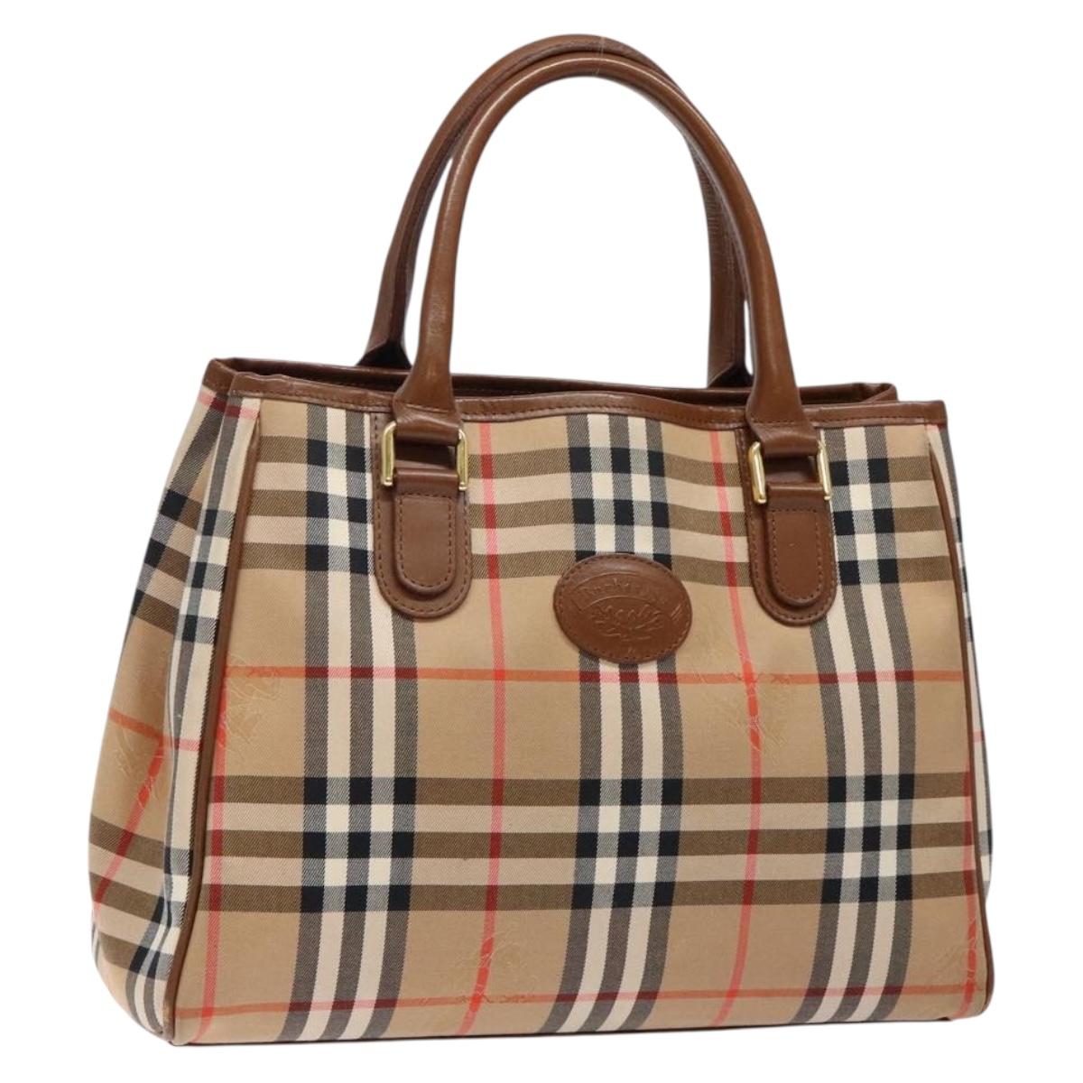 Burberrys Nova Check Hand Bag Canvas Beige Gold Auth ep10710