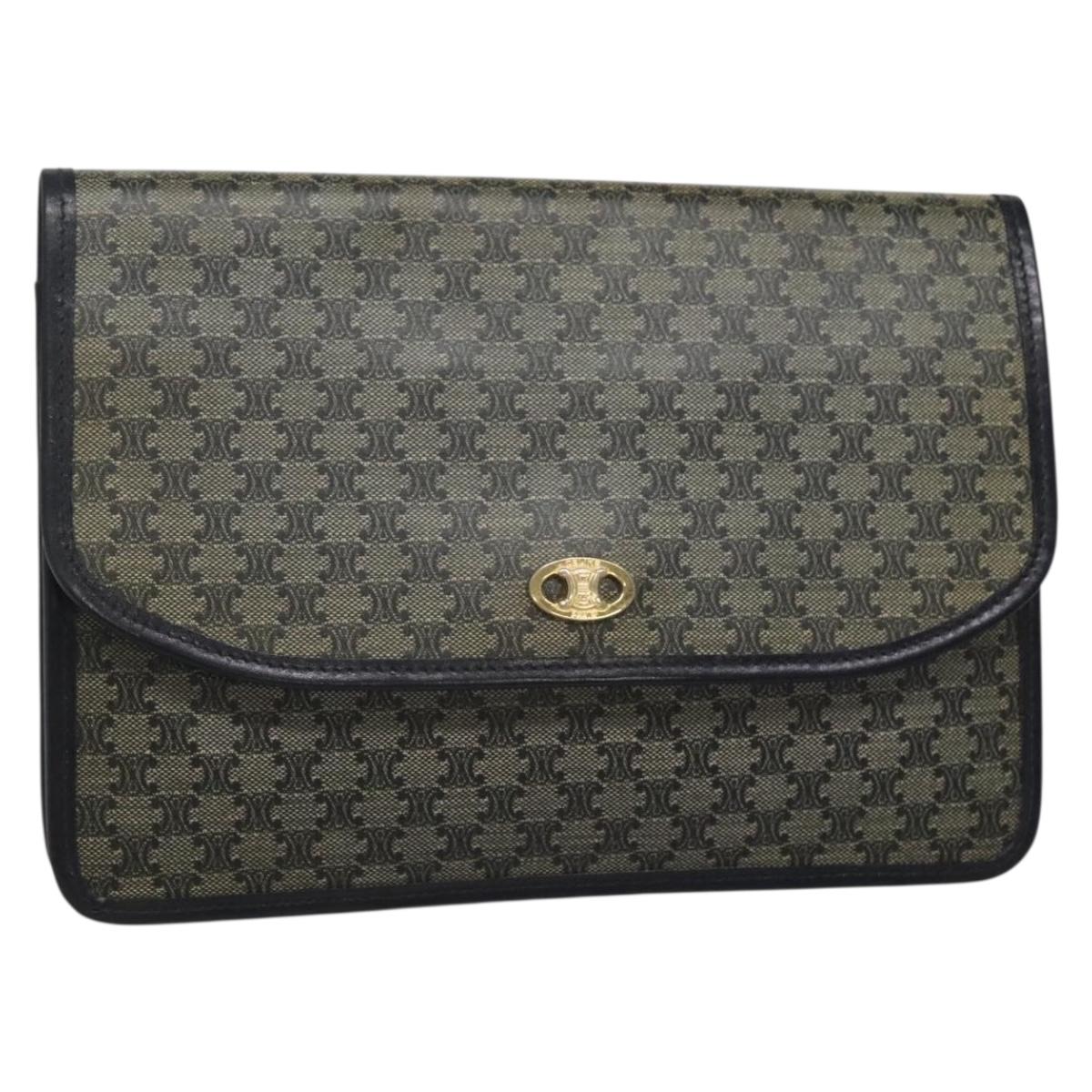CELINE Macadam Canvas Clutch Bag PVC Navy Gold Auth ep10721