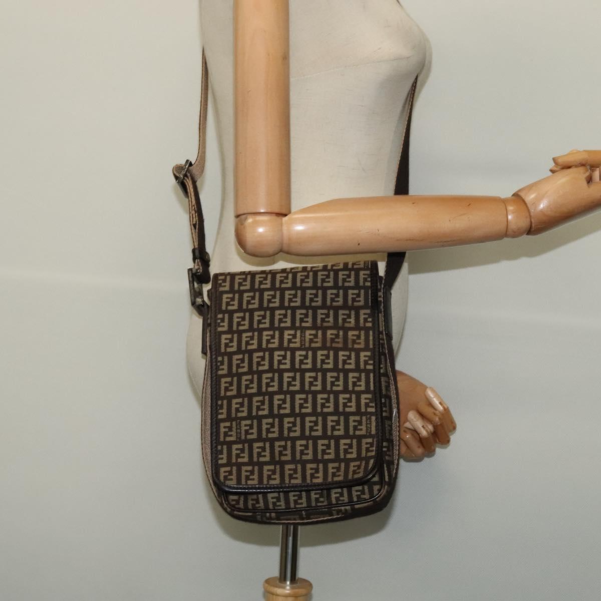 FENDI Zucchino Canvas Shoulder Bag Brown Silver Auth ep10724