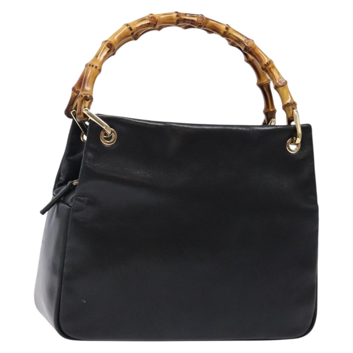 GUCCI Bamboo Hand Bag Leather Black Gold 000 3444 0575 Auth ep10729