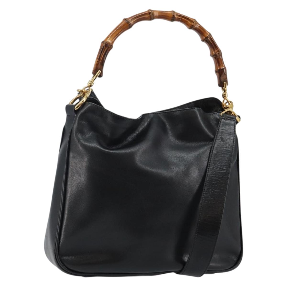 GUCCI Bamboo Hand Bag Leather 2way Black Gold Auth ep10736