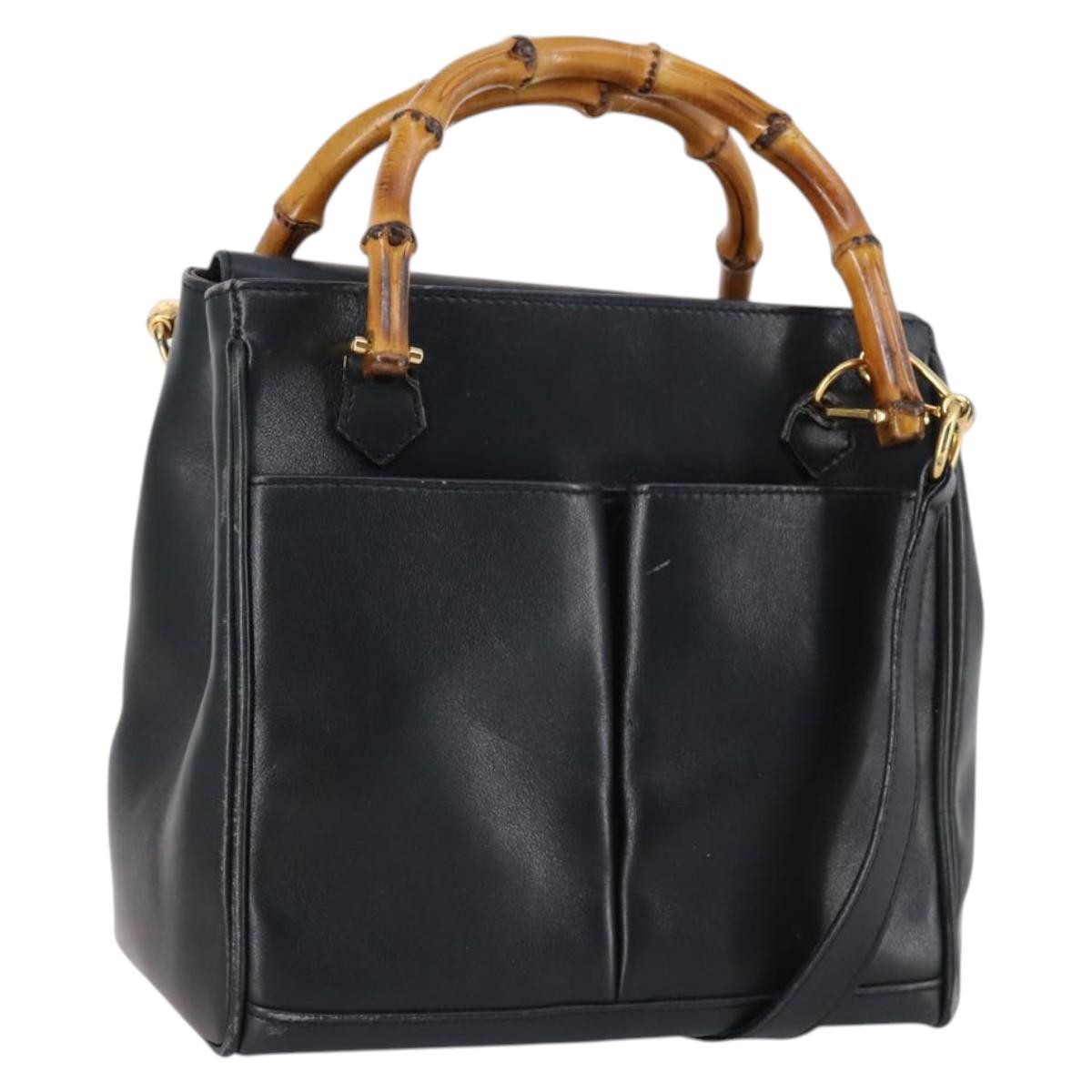 GUCCI Bamboo Hand Bag Leather 2way Navy Gold 000 122 0316 Auth ep10737