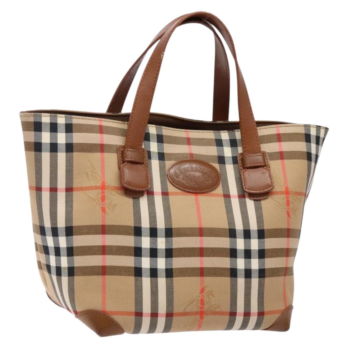 Burberrys Nova Check Hand Bag Canvas Beige Gold Auth ep10758