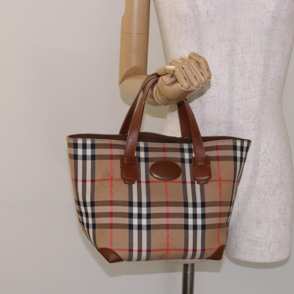 Burberrys Nova Check Hand Bag Canvas Beige Gold Auth ep10758