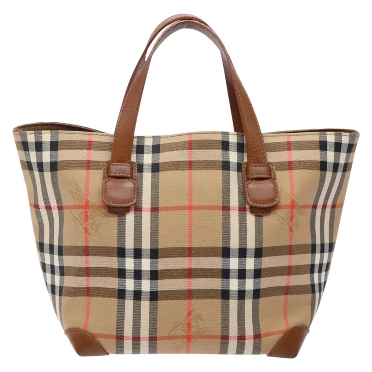 Burberrys Nova Check Hand Bag Canvas Beige Gold Auth ep10758