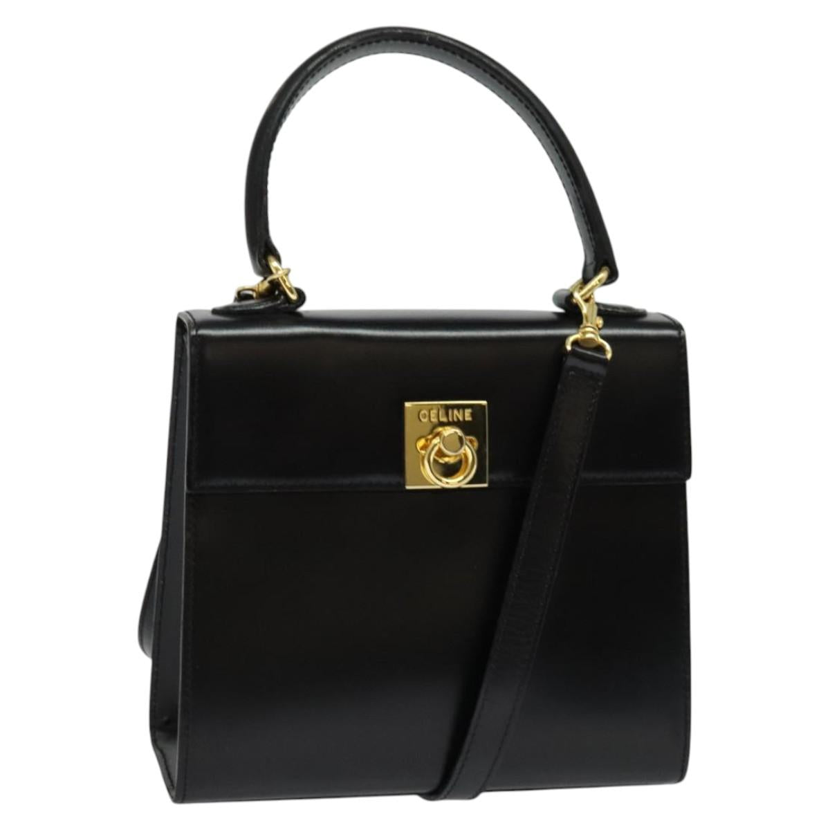 CELINE Hand Bag Leather 2way Black Gold Auth ep10800