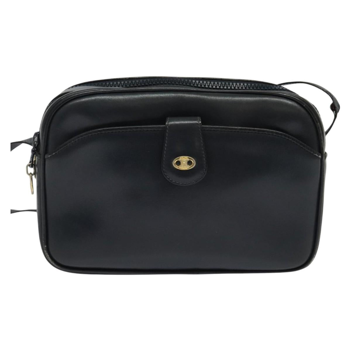 CELINE Shoulder Bag Leather Navy Gold Auth ep10804