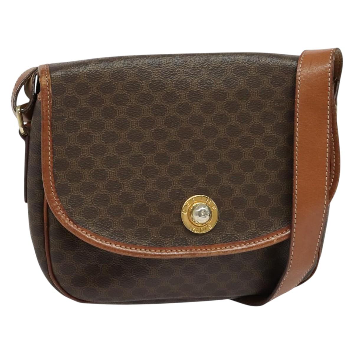 CELINE Macadam Canvas Shoulder Bag PVC Leather Brown Gold Auth ep10815