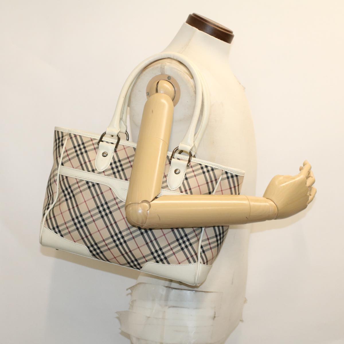 BURBERRY Nova Check Hand Bag Nylon Leather Beige Auth ep1096