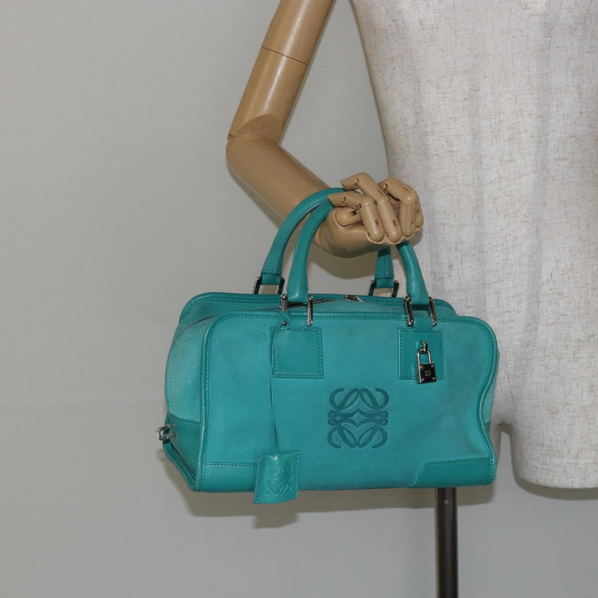 LOEWE Anagram Americana 28 Bag Suede Leather Turquoise Blue Silver Auth ep10988