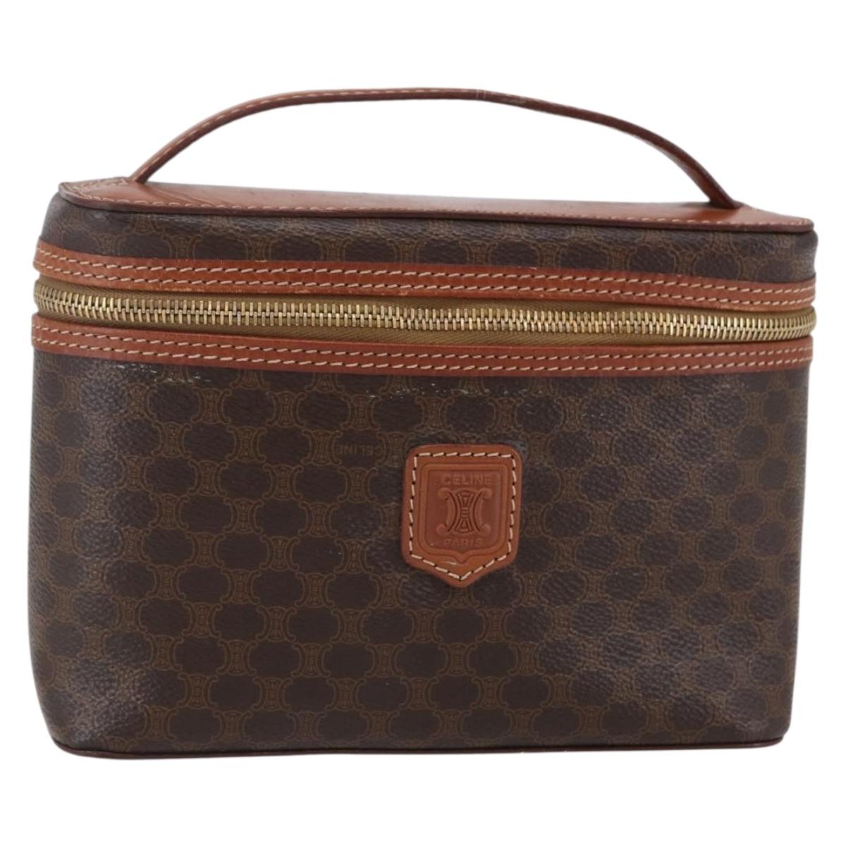 CELINE Macadam Canvas Vanity Pouch PVC Leather Brown Gold Auth ep11040