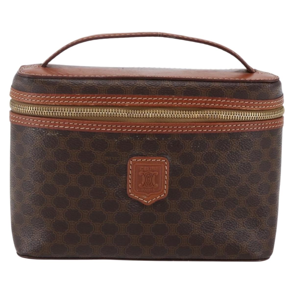 CELINE Macadam Canvas Vanity Pouch PVC Leather Brown Gold Auth ep11040