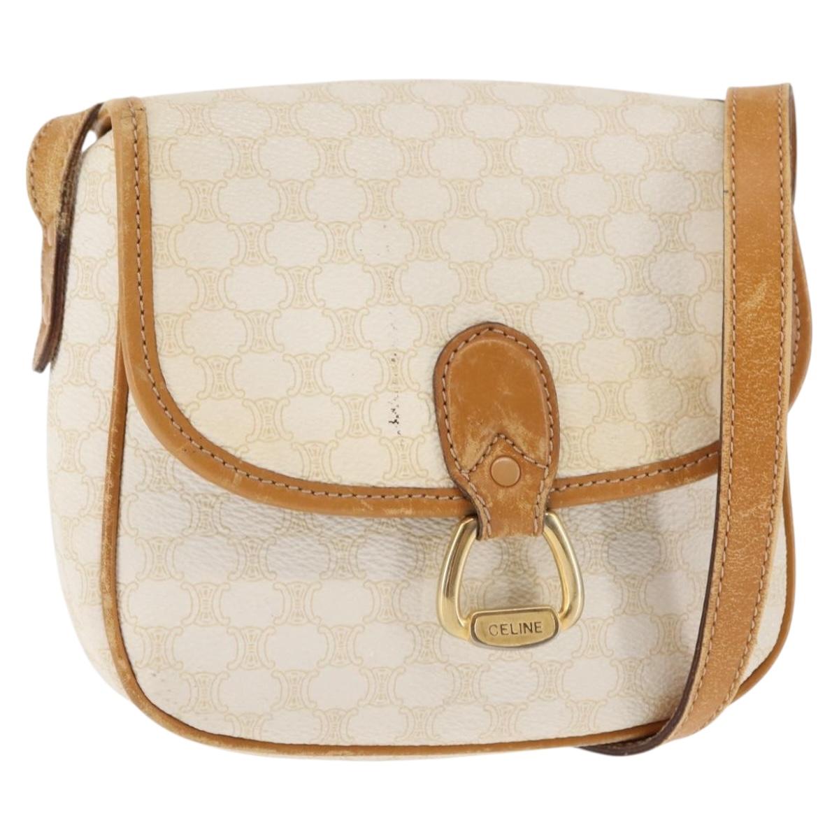 CELINE Macadam Canvas Shoulder Bag PVC Leather White Gold Auth ep11048