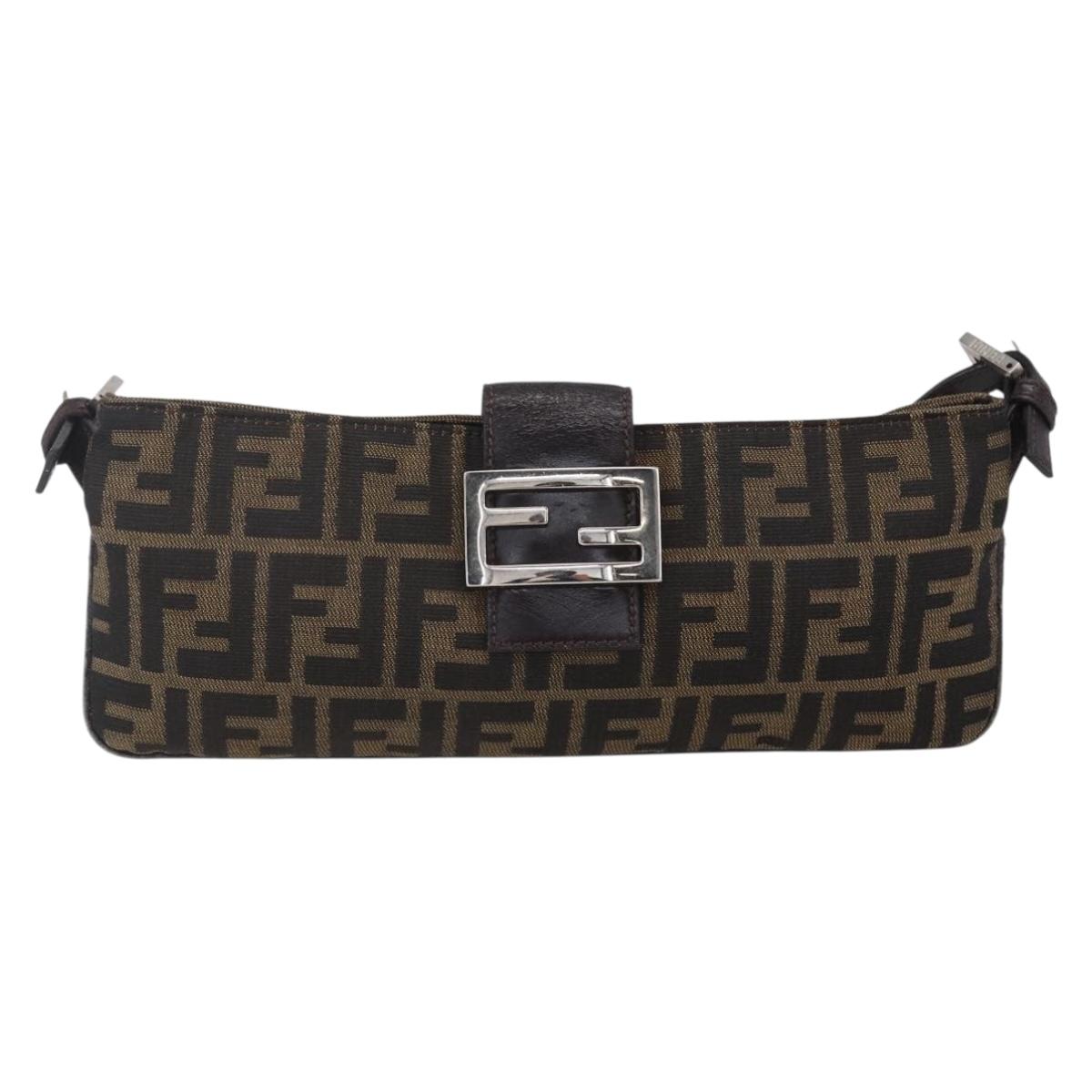 FENDI Zucca Canvas Mamma Baguette Shoulder Bag Black Brown Silver Auth ep11066