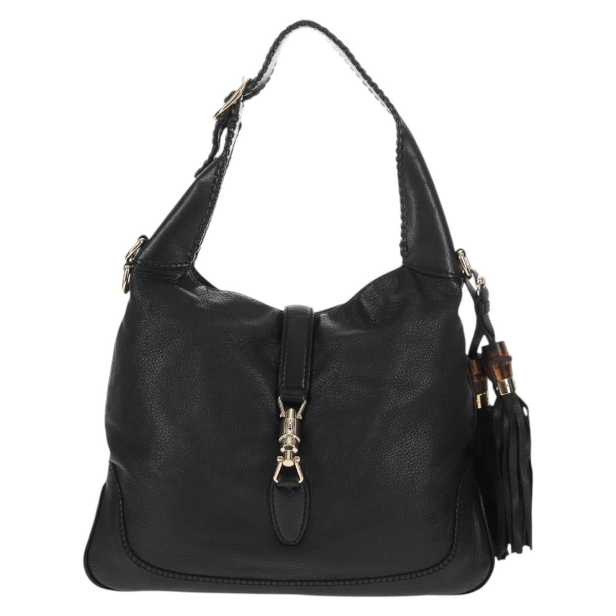 GUCCI New Jackie Bamboo Shoulder Bag Leather Black Auth ep11081