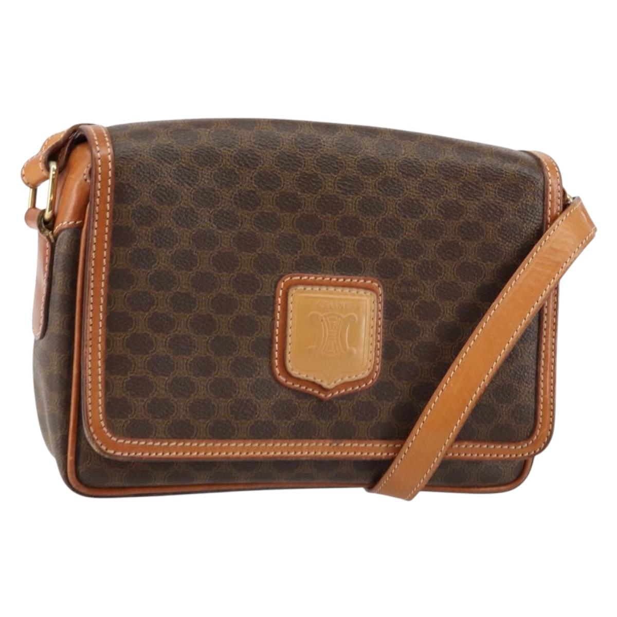 CELINE Macadam Canvas Shoulder Bag PVC Leather Brown Gold Auth ep11087