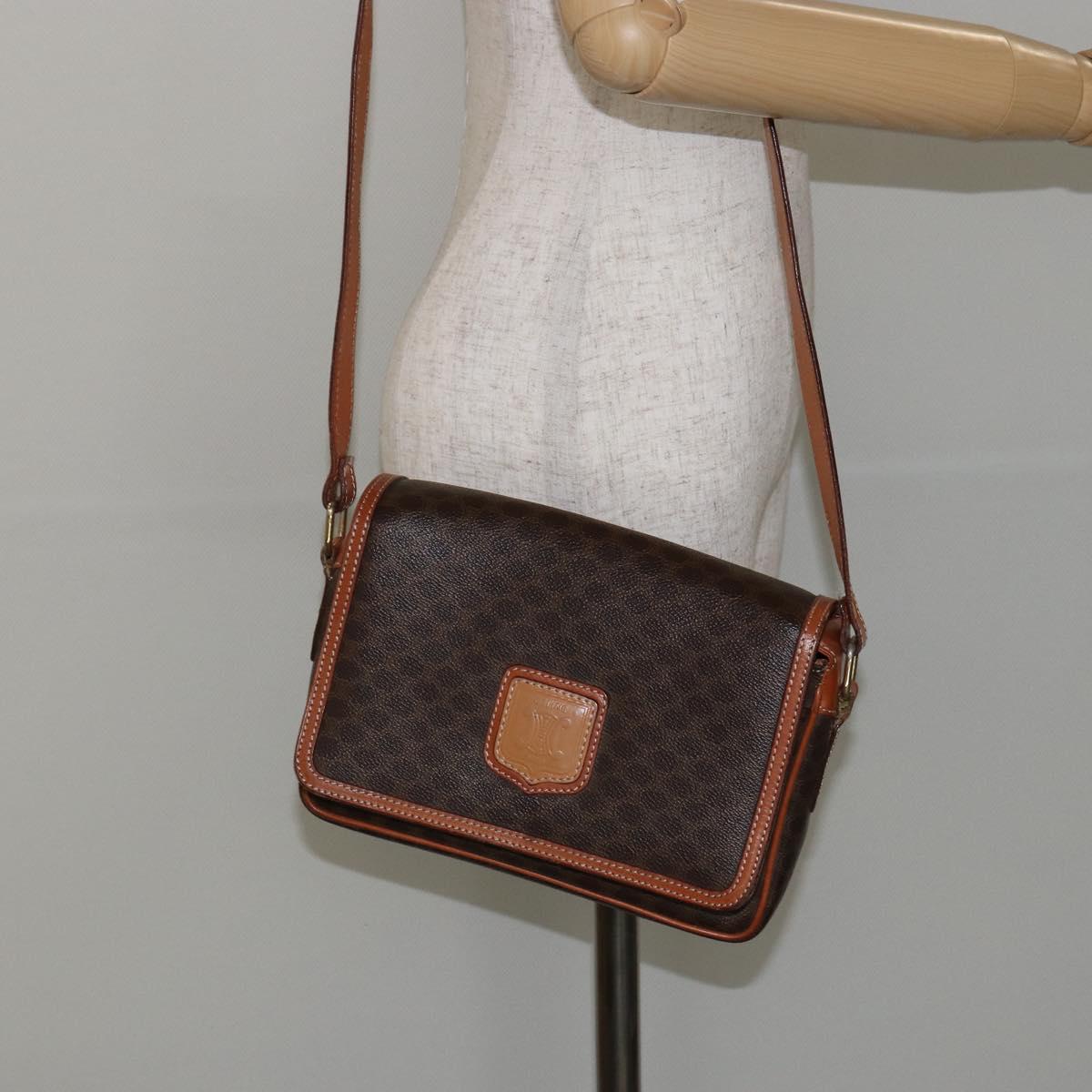 CELINE Macadam Canvas Shoulder Bag PVC Leather Brown Gold Auth ep11087