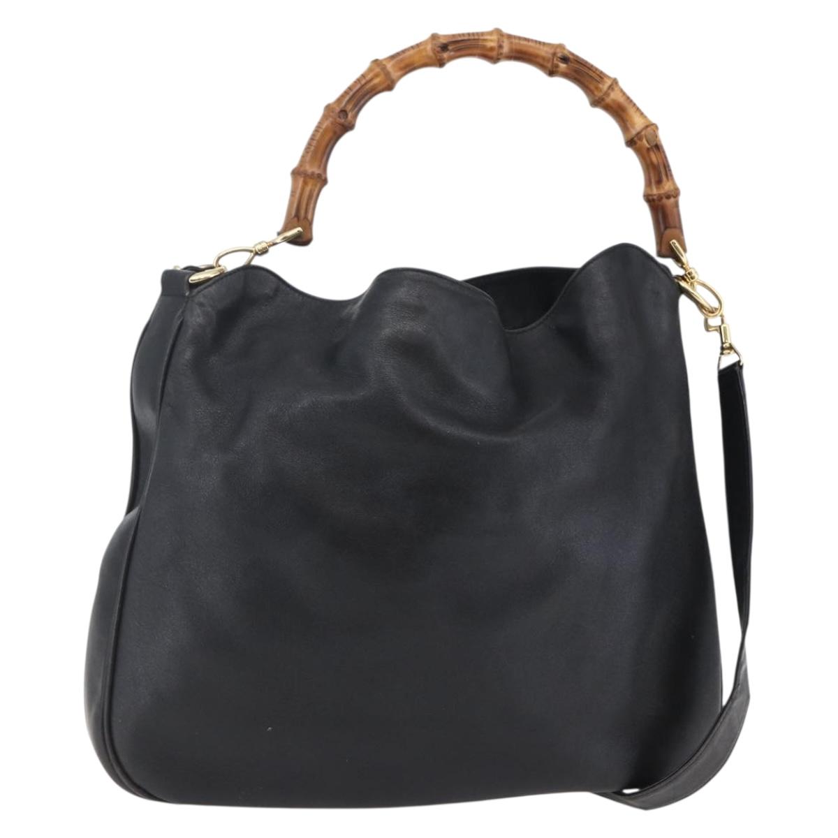 GUCCI Bamboo Hand Bag Leather 2way Black Gold 001 1781 1577 Auth ep11092