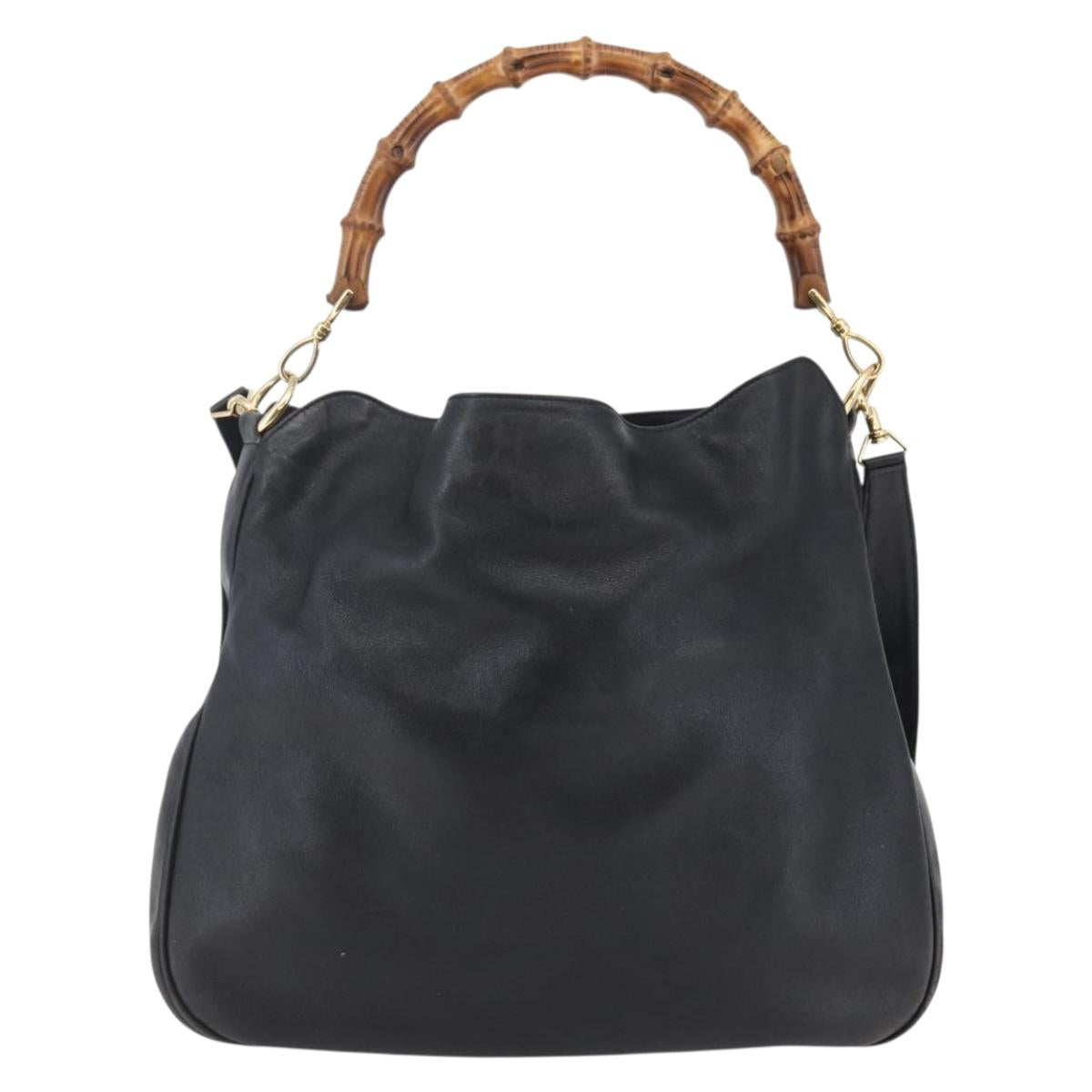 GUCCI Bamboo Hand Bag Leather 2way Black Gold 001 1781 1577 Auth ep11092