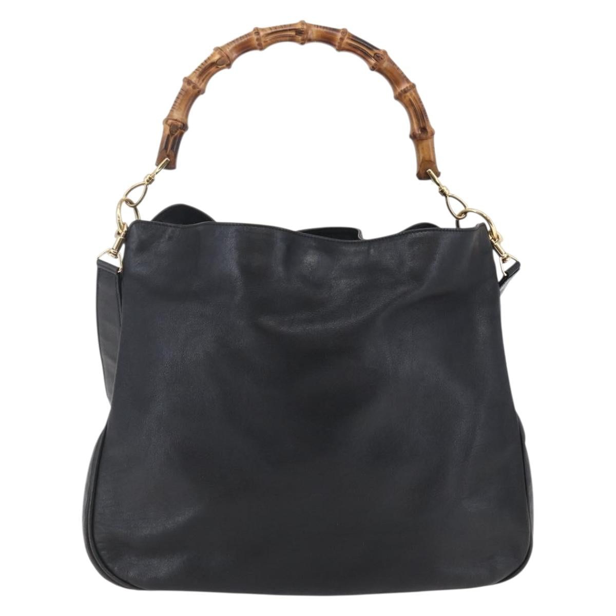 GUCCI Bamboo Hand Bag Leather 2way Black Gold 001 1781 1577 Auth ep11092