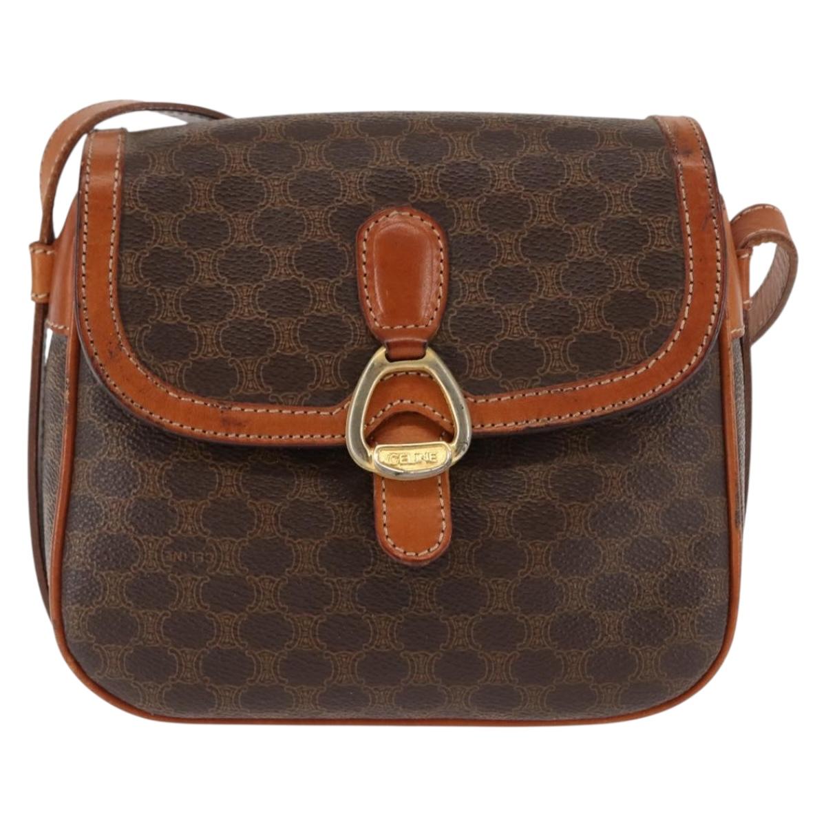 CELINE Macadam Canvas Shoulder Bag PVC Leather Brown Gold Auth ep11093