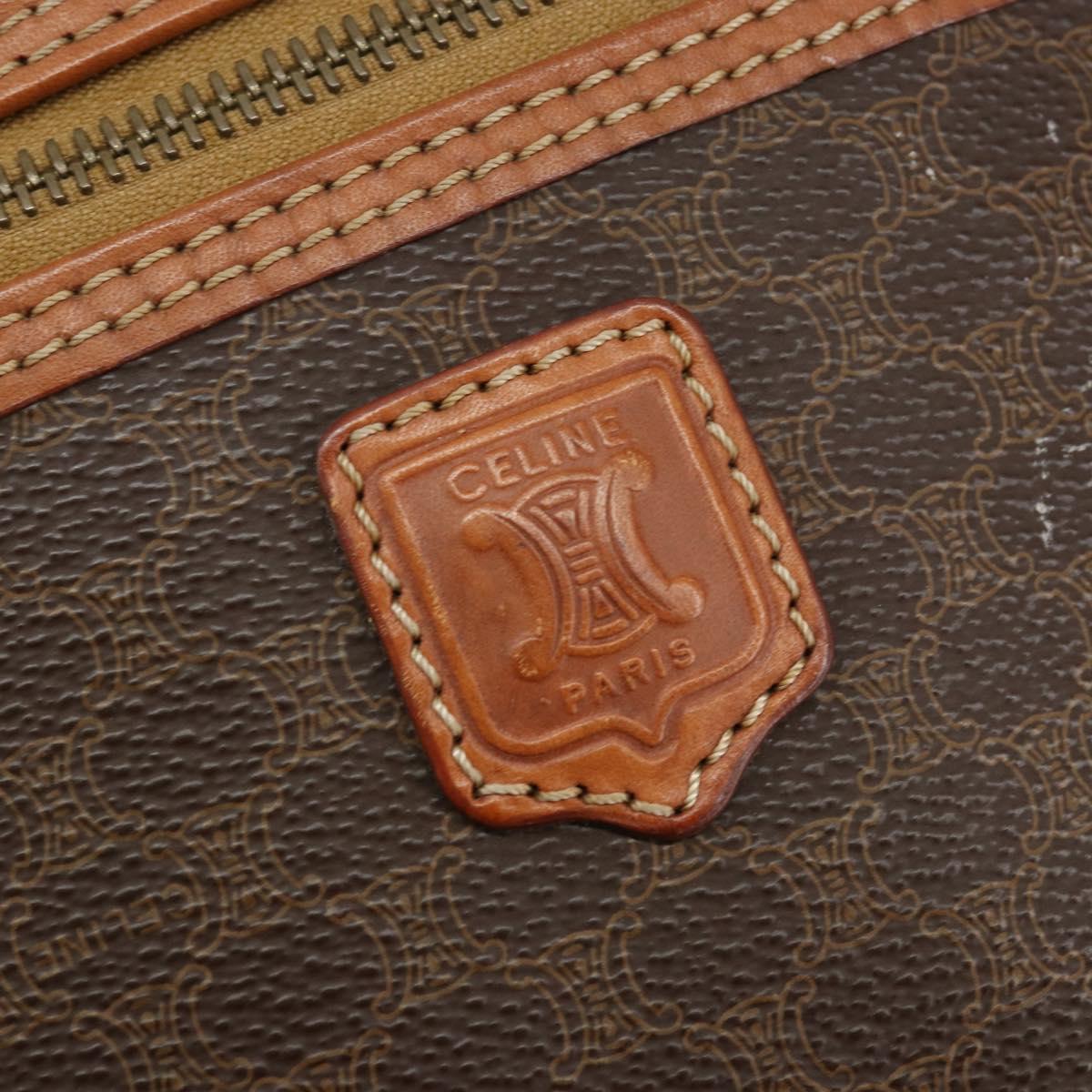 CELINE Macadam Canvas Vanity Pouch PVC Leather Brown Gold Auth ep11135