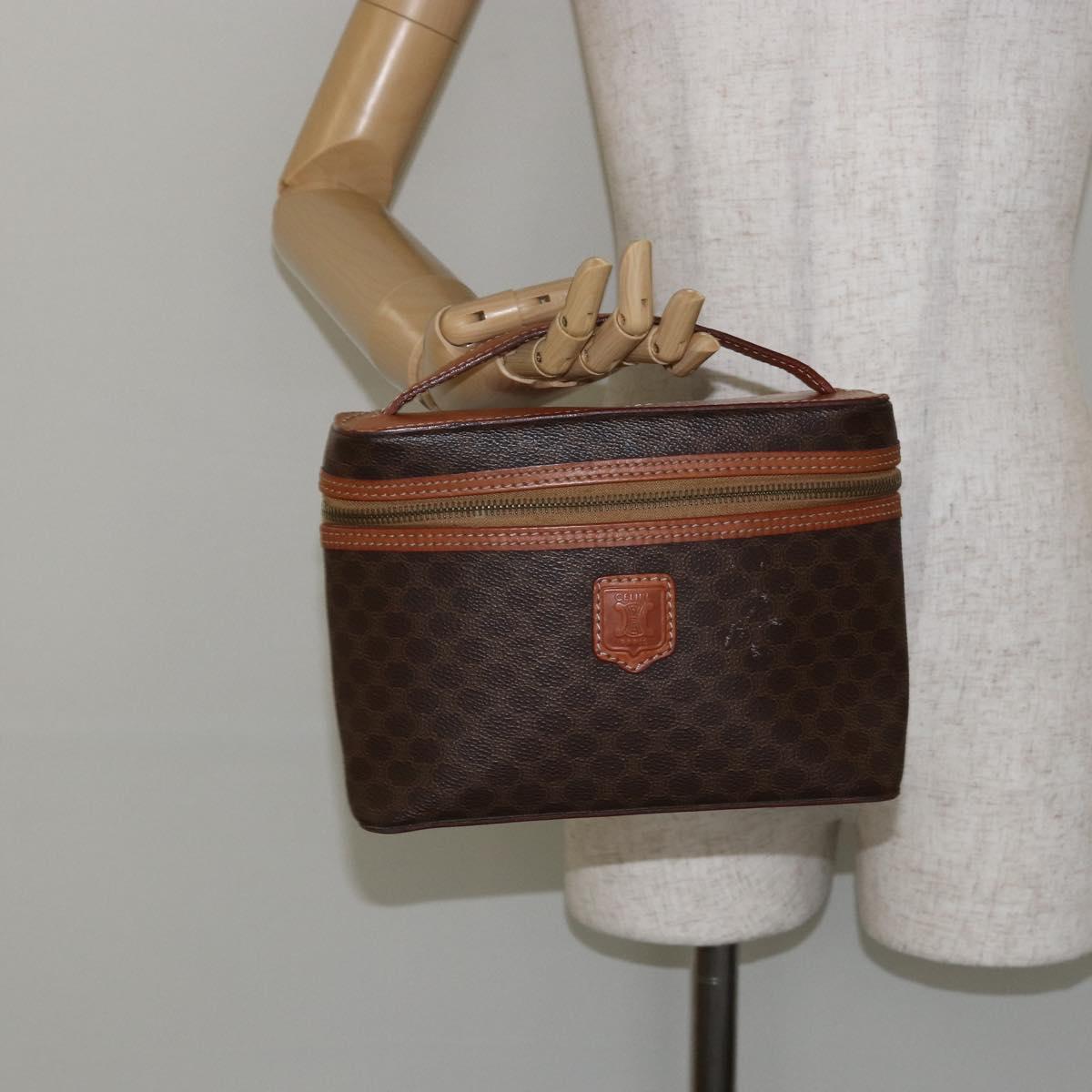 CELINE Macadam Canvas Vanity Pouch PVC Leather Brown Gold Auth ep11135